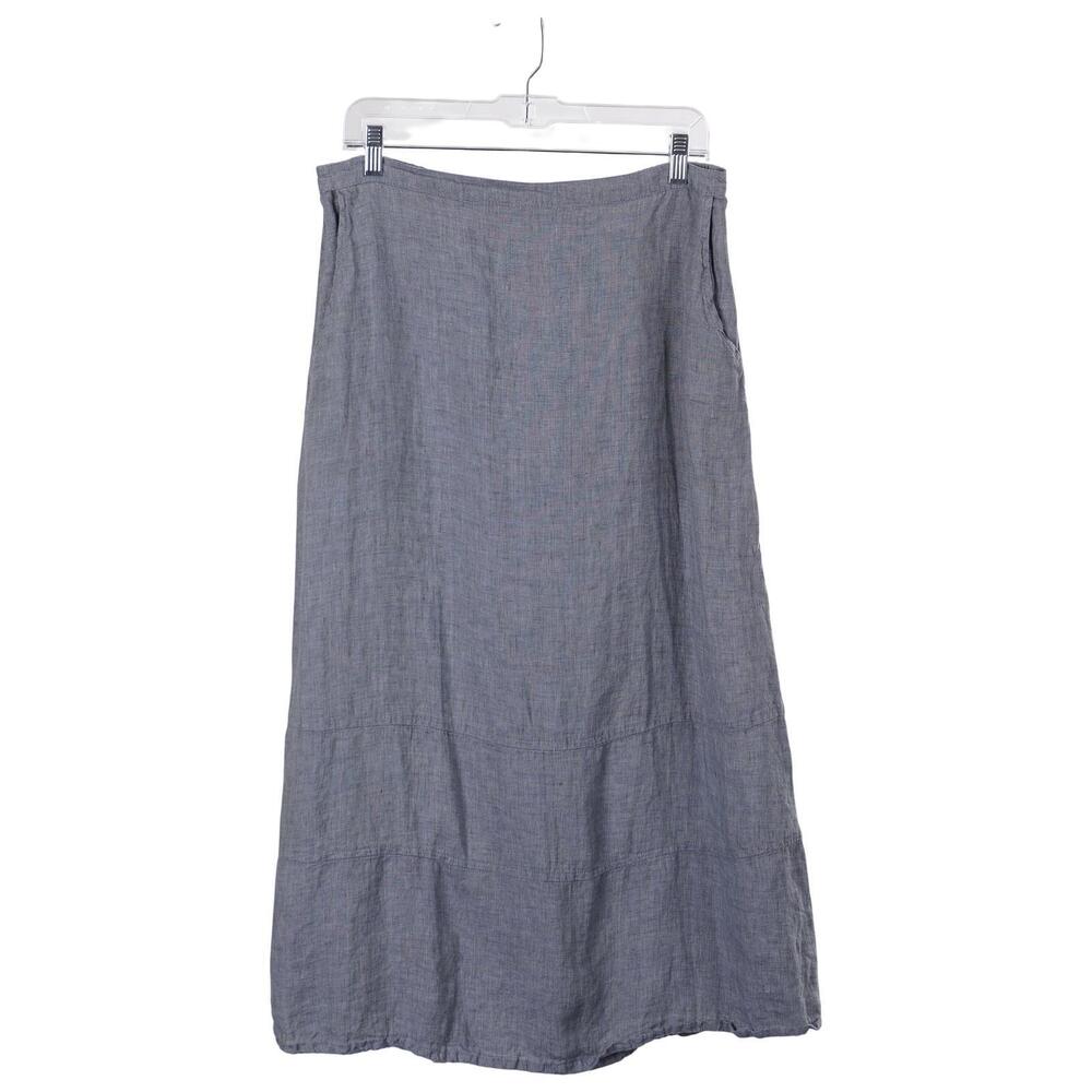 FLAX Skirt M Blue Linen Pull On Elastic Waist Pockets Midi Maxi Casual Summer